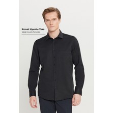 Altınyıldız Classics Erkek Siyah Pamuklu Tailored Slim Fit Dar Kesim Klasik Yaka Armürlü Cepli Gömlek