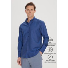 Altınyıldız Classics Erkek Oxford Koyu Lacivert Düğmeli Yaka Kolay Ütülenebilir Pamuklu Slim Fit Dar Kesim Gömlek