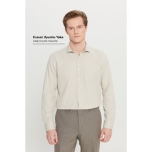 Altınyıldız Classics Erkek Bej Kolay Ütülenebilir Slim Fit Dar Kesim Italyan Yaka Armürlü Gömlek