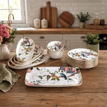 Pinkev Flora 15 Parça 6 Kişilik Seramik Kahvaltı Pasta Sunum Tabağı Takımı Seti