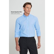 Altınyıldız Classics Erkek Oxford Kolay Ütülenebilir Pamuklu Terletmez Gömlek Mavi Düğmeli Yaka Slim Fit Dar Kesim