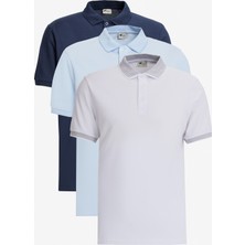 Altınyıldız Classics Erkek Beyaz-lacivert-açık Mavi 3'lü Çekmeyen Pamuklu Slim Fit Kıvrılmaz Polo Yaka Tişört