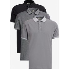 Altınyıldız Classics Erkek Siyah-açık Siyah-gri 3'lü Çekmeyen Pamuklu Slim Fit Dar Kesim Kıvrılmaz Polo Yaka Tişört