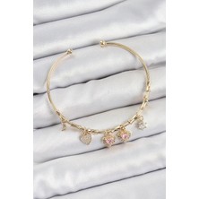 Inure Jewelry Pirinç Zirkon Taşlı Pembe Kalp Model Gold Renk Charm Bileklik