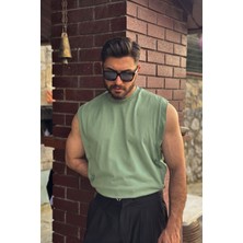 Guaraz Erkek Yeşil Basketci Sıfır Kol Bisiklet Yaka Oversıze %100 Pamuk Kolsuz Kejıl T-Shirt