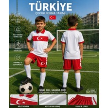 Sidas Türkiye Milli Takım Yakalı Euro 2025/26 Sezon Özel Tasarım Beyaz Kırmızı Forma Tişört Şort Çocuk Forma Takımı (Y01)