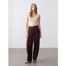 Dilvin 72698 Pileli Dökümlü Pantolon-Kahve