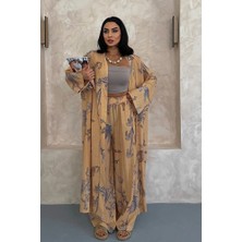 Nana & Mayka Moda Kadın Çiçek Desenli Gofre Kimono Takım – Yazlık Pantolonlu Alt Üst Şık Kombin
