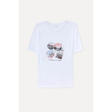 Mudo Erkek Beyaz Baskılı Bisiklet Yaka T-Shirt