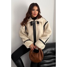 Moda Armanc Kadın Deri Detaylı Oversize Peluş Mont - Premium Tasarım Biker Teddy Kaban Ceket