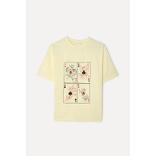 Mudo Kadın Sarı Baskılı Bisiklet Yaka T-Shirt