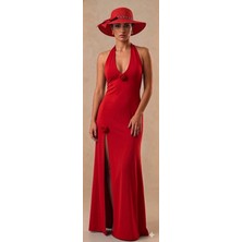 Ales Butik Alesbutik Kırmızı Gül Detaylı Uzun Yırtmaçlı Elbise
