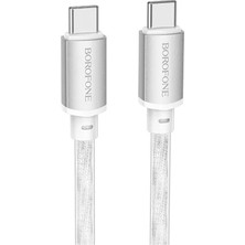 Borofone 60W Hızlı Şarj Destekli Type-C To Type-C Metal Başlıklı Kristal Silikon Veri Kablosu Gümüş BX95