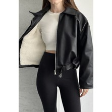 Moda Armanc Kadın Içi Kürklü Suni Deri Ceket - Oversize Içi Peluş Astarlı Premium Biker Mont