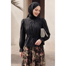 inStyle Bağcıklı Fırfır Kol Siyah Gömlek