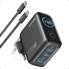 Anker 100W Şarj Cihazı, Kompakt, 3 Bağlantı Noktalı, Gan Usb-C, Akıllı Ekran ve Dokunmatik Kontrol, Siyah - B121B
