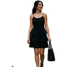 Siyah Ip Askılı Kat Kat Fırfırlı Volanlı Mini Elbise