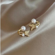 Stainless Steel Gold Renk Zirkon Taşlı Kelebek Tasarım Kararmaz Antialerjik Paslanmaz Çelik Küpe