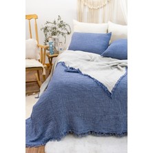HB&Victory Müslin Yatak Örtüsü 4 Katlı Çift Kişilik 240X230 Cm. %100 Pamuk Indigo Mavisi Renk - 2 Adet Yastık Kılıfı 50X70 Cm.