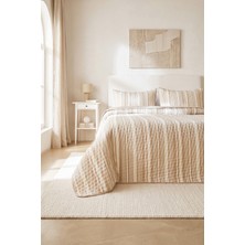 Ocean Home Textile Pamuklu Kapitoneli Bej Renk Çizgi Desen Çift Kişilik Yatak Örtüsü Seti 1 Adet 250 x 230 / 2 Adet 50 x 70 cm