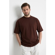 Madmext Erkek Acı Kahverengi Oversize Fit Basic Tişört 6066