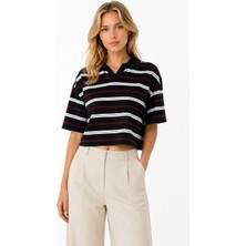 Bordo Beyaz Çizgili Siyah Polo Yaka Crop Tişört