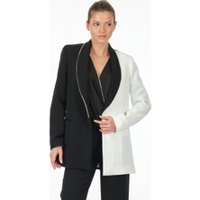 Explosion Minimalist Oversize Midi Kadın Ceket - Siyah Beyaz
