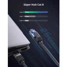 Ugreen 40173 NW190 Cat8 2000MHZ 40GB/S Yüksek Ağ Hızı Flat Örgülü Yassı Ethernet Kablosu 5metre