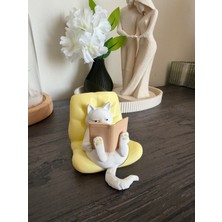 Msv Studio 3d Kitap Okuyan Kedi Figürü-Sevimli Dekor-Kitaplık Süsü-Biyoplastik