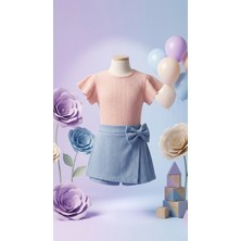 TA&CE Kids Ta&ce Kıds Kız Çocuk Fitilli Bluz ve Fiyonk Detaylı Şort Etek Bayramlık Takım- 4-9 Yaş
