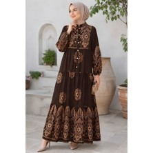 İmaj Butik Kahverengi Yarım Düğmeli Kol Lastikli Viskon Elbise