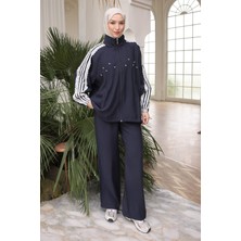 İmaj Butik Lacivert Dantel Detaylı Tunik Pantolonlu Takım