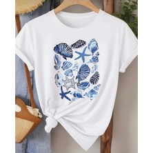 Nigrum Pardus Nıgrum Pardus Yeni Sezon Deniz Kabukları Baskılı %100 Pamuk Büyük Beden Kadın T-Shirt