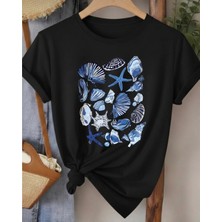 Nigrum Pardus Nıgrum Pardus Yeni Sezon Deniz Kabukları Baskılı %100 Pamuk Büyük Beden Kadın T-Shirt