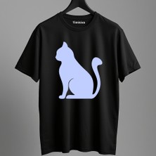 Timisiva Mavi Kedi Erkek Kadın Premium Tişört %100 Pamuk Oversize Basic Günlük Şık T-Shirt