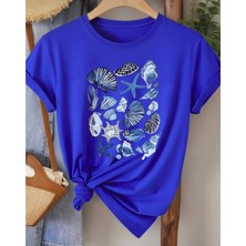 Nigrum Pardus Nıgrum Pardus Yeni Sezon Deniz Kabukları Baskılı %100 Pamuk Büyük Beden Kadın T-Shirt
