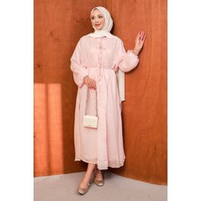 İmaj Butik Pudra Fiyonk Bağlamalı Nervür Detaylı Elbise