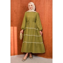 İmaj Butik Haki Biyeli Kol Lastikli Müslin Elbise