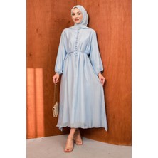 İmaj Butik Bebe Mavi Astarlı Düğmeli Bel Bağlamalı Elbise