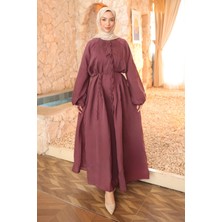 İmaj Butik Mürdüm Fiyonk Bağlamalı Nervür Detaylı Elbise