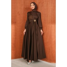 İmaj Butik Kahverengi Yan Bağlamalı Bronşlu Saten Abiye