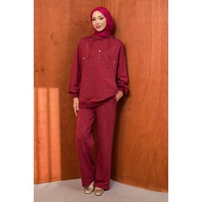 İmaj Butik Bordo Taş Detaylı Tunik Pantolonlu Takım