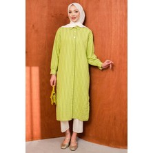 İmaj Butik Yeşil Çizgili Yırtmaçlı Uzun Tunik