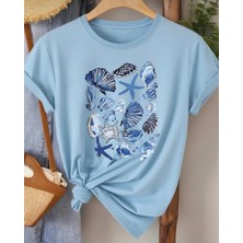 Nigrum Pardus Nıgrum Pardus Yeni Sezon Deniz Kabukları Baskılı %100 Pamuk Büyük Beden Kadın T-Shirt