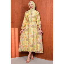 İmaj Butik Yeşil Desenli Yaka Düğmeli Elbise