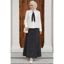 İmaj Butik Beyaz Fular Detaylı Puantiyeli Gömlek Etekli Takım