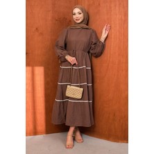 İmaj Butik Kahverengi Biyeli Kol Lastikli Müslin Elbise