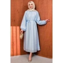 İmaj Butik Bebe Mavi Balon Kol Bel Bağlamalı Elbise