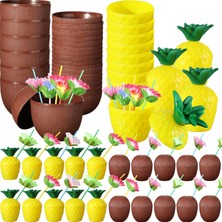 Zero Land Ilkeshop Tropikal Parti Bardak Seti – Ananas ve Hindistan Cevizi Şekilli Pipetli Bardaklar (20 Adet)