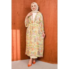 İmaj Butik Yeşil Bel Bağlamalı Desenli Uzun Salaş Kimono